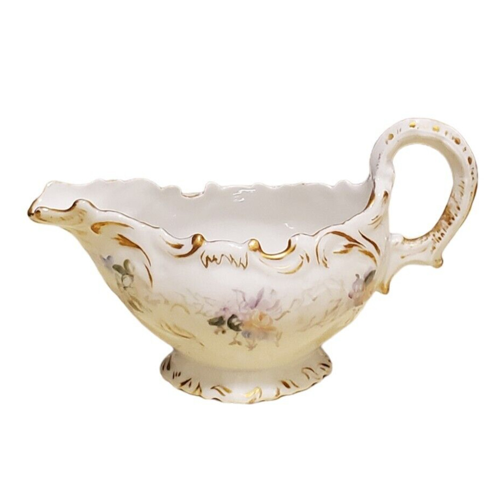 Vtg Limoges Creamer Serveware Ceramic Porcelain White Gold Trim Flowers France - Picture 2 of 5
